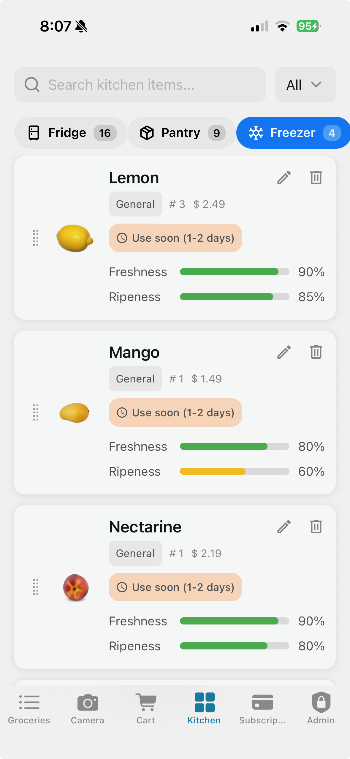 Phone showing the Suuqe app's kitchen inventory screen with a list of fruits.